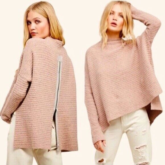 Free People Arctic Fox Zip Back Sweater In Pink Size XS Long Sleeve Oatmeal - Picture 1 of 8